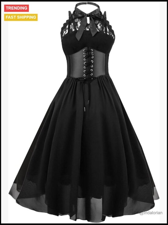 Dresses & Skirts - Sleeveless Gothic Lace Dress with Corset Halter Swing Cocktail